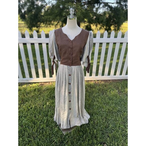 Vintage 70s Style Nur Trocken Reinigen 100% Linen Maxi Prairie Dress Boho Large - Picture 14 of 16
